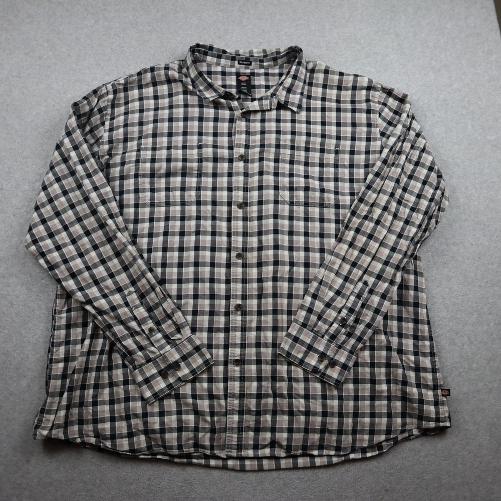 Dickies Shirt Mens 3XL Relaxed Fit Tan Black Plaid Button Up Long Sleeve Pocket